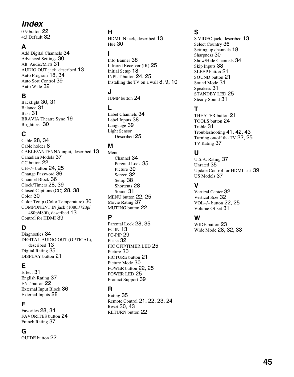 Index, 45 index | Sony KDL-46SL140 User Manual | Page 45 / 48