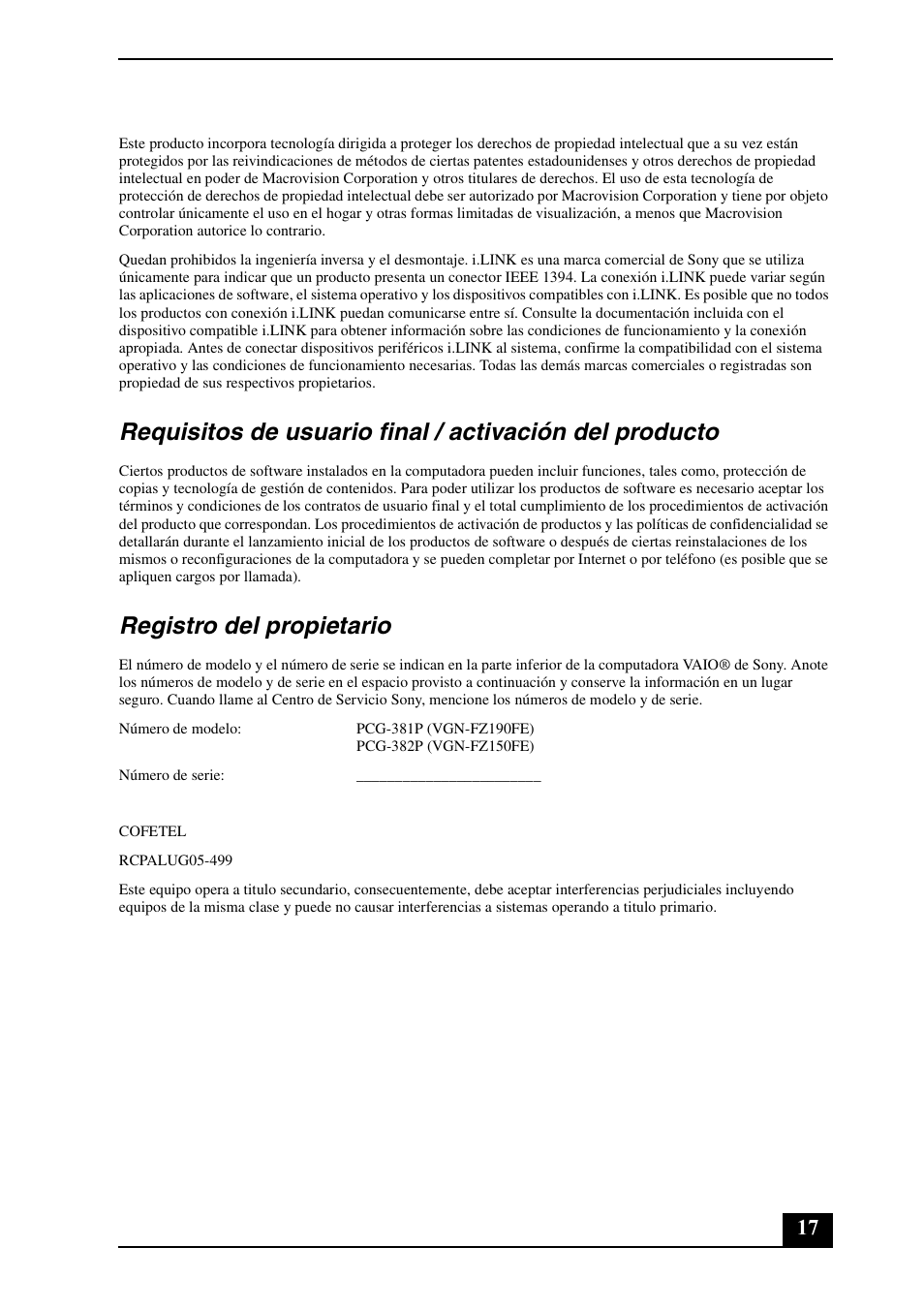 Registro del propietario | Sony VGN-FZ190U User Manual | Page 17 / 24