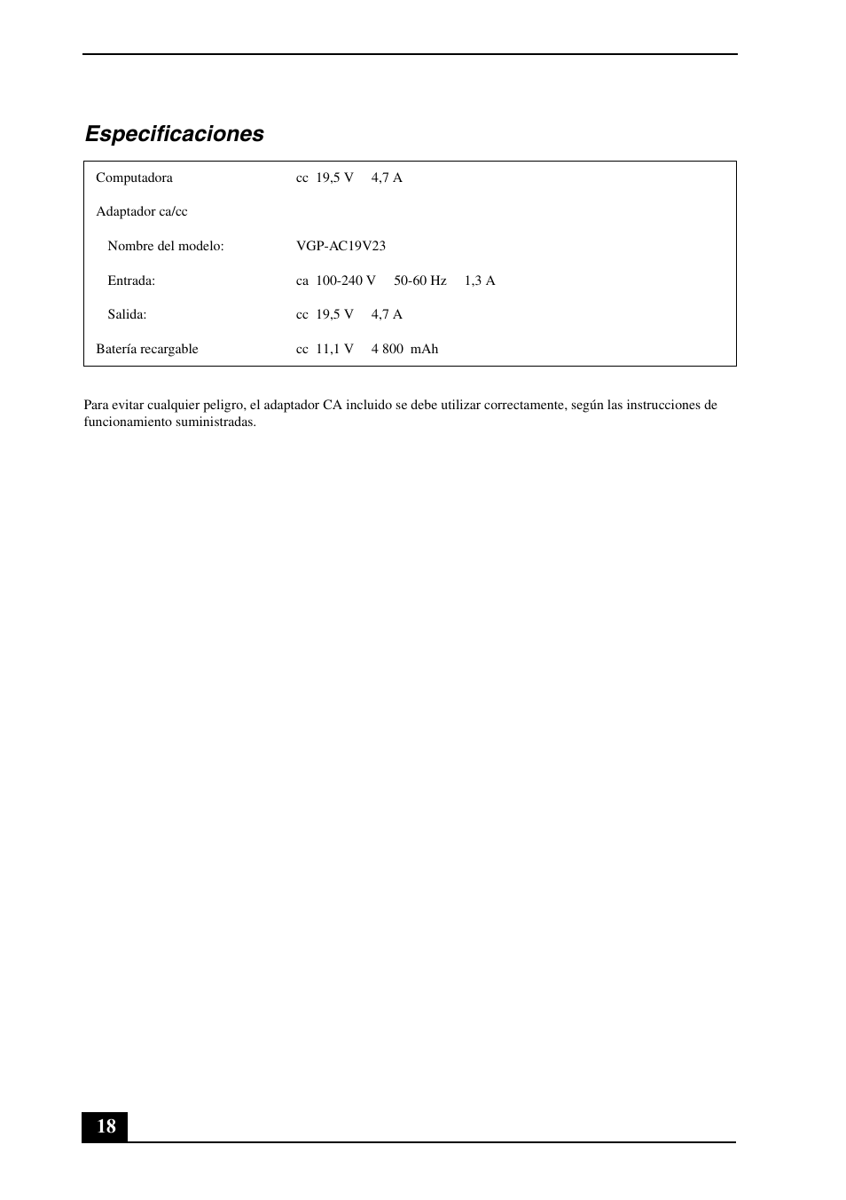 Especificaciones | Sony VGN-FZ190U User Manual | Page 18 / 24