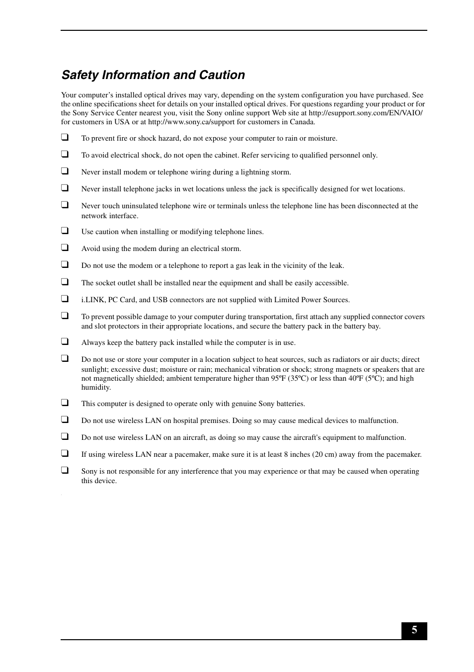Safety information and caution | Sony VGN-FZ190U User Manual | Page 5 / 24