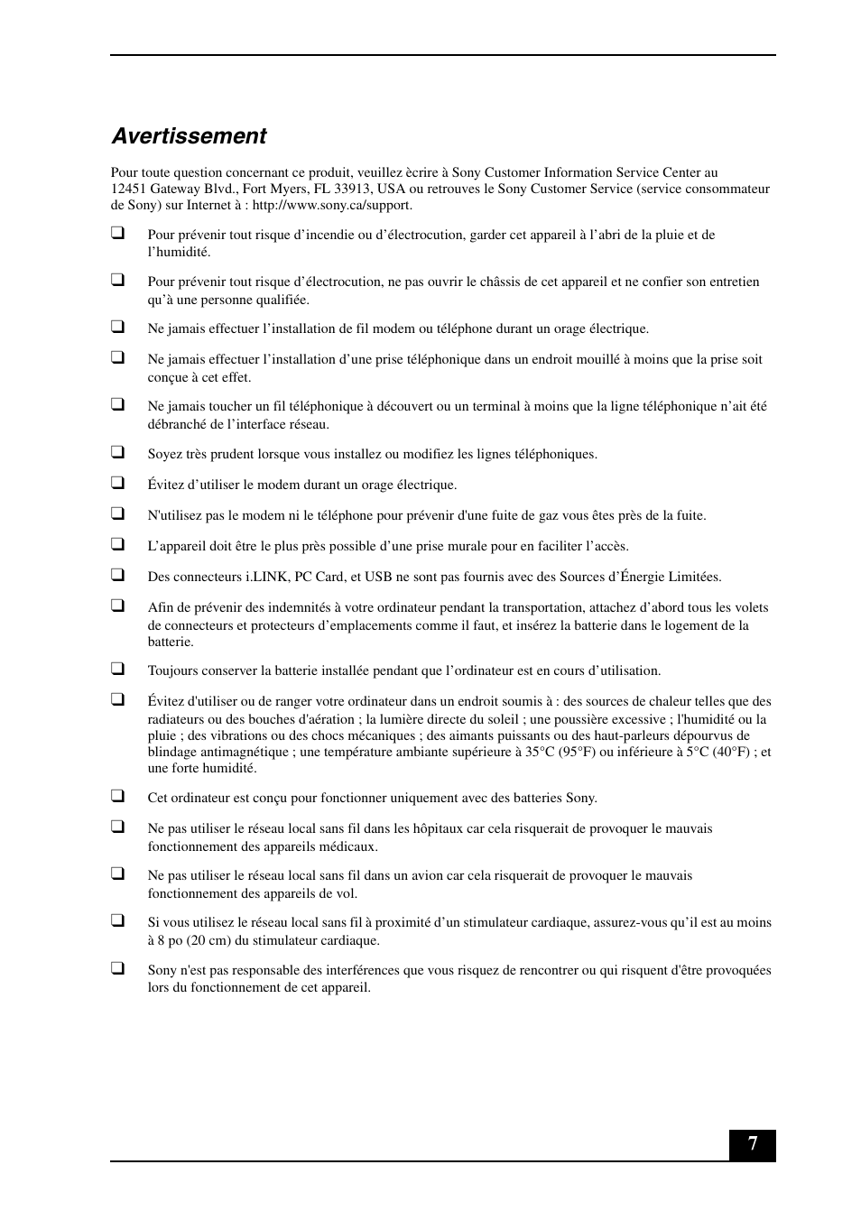 Avertissement | Sony VGN-FZ190U User Manual | Page 7 / 24