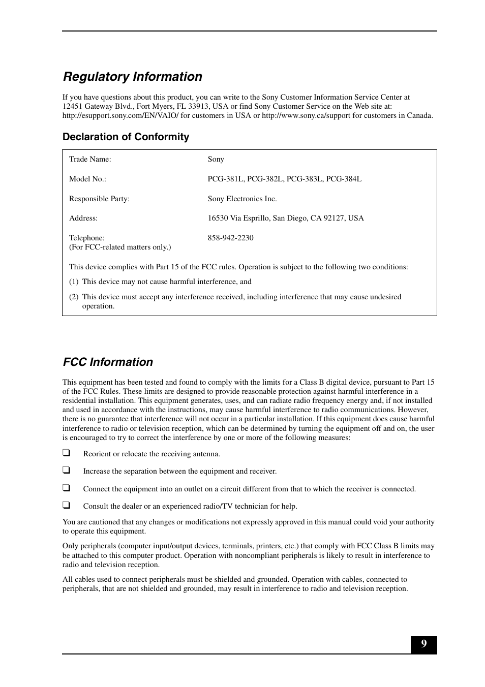 Regulatory information, Fcc information, Declaration of conformity | Sony VGN-FZ190U User Manual | Page 9 / 24