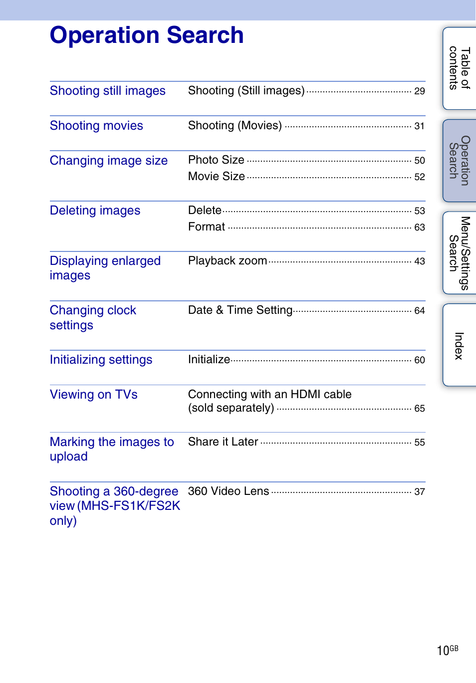 Operation search, Tion | Sony bloggie MHS-FS2K User Manual | Page 10 / 80