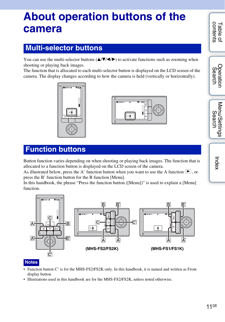 About operation buttons of the camera, Multi-selector buttons function buttons | Sony bloggie MHS-FS2K User Manual | Page 11 / 80