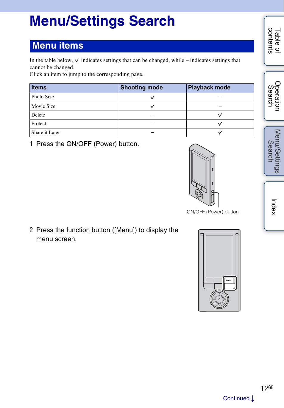 Menu/settings search, S ettin, Se ar | Menu items | Sony bloggie MHS-FS2K User Manual | Page 12 / 80