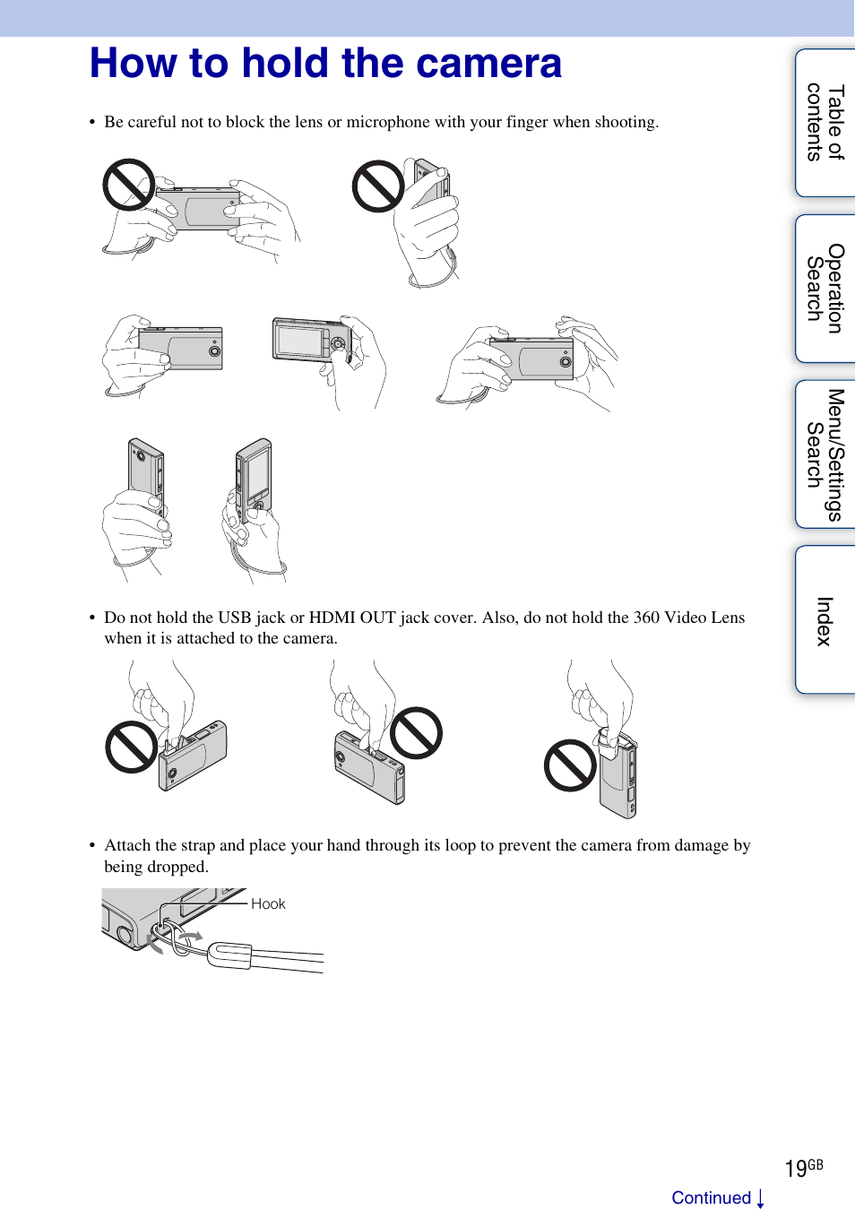 How to hold the camera | Sony bloggie MHS-FS2K User Manual | Page 19 / 80
