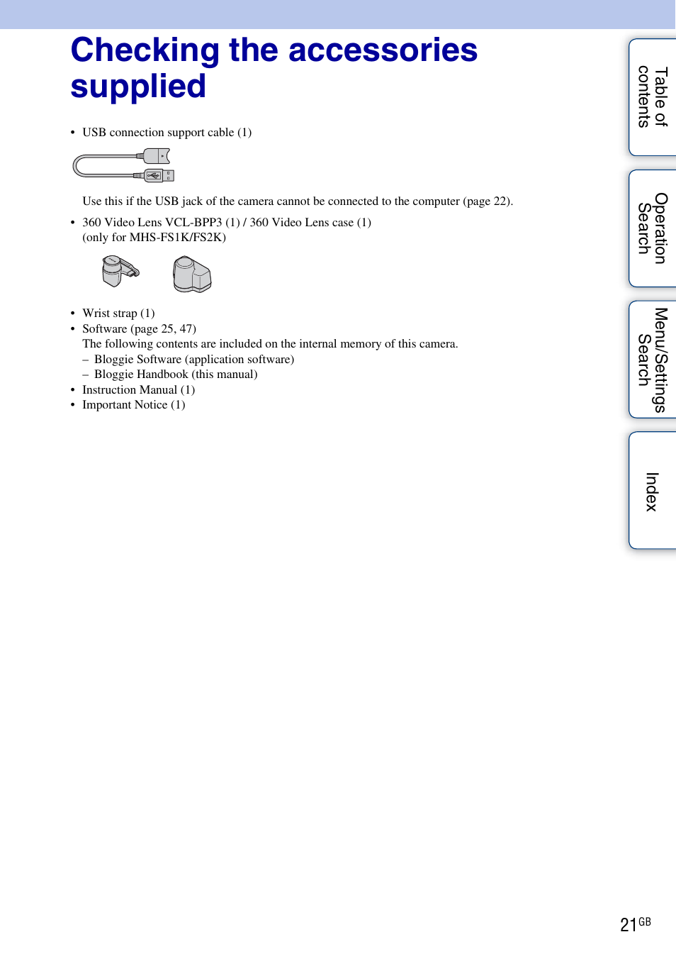 Checking the accessories supplied | Sony bloggie MHS-FS2K User Manual | Page 21 / 80