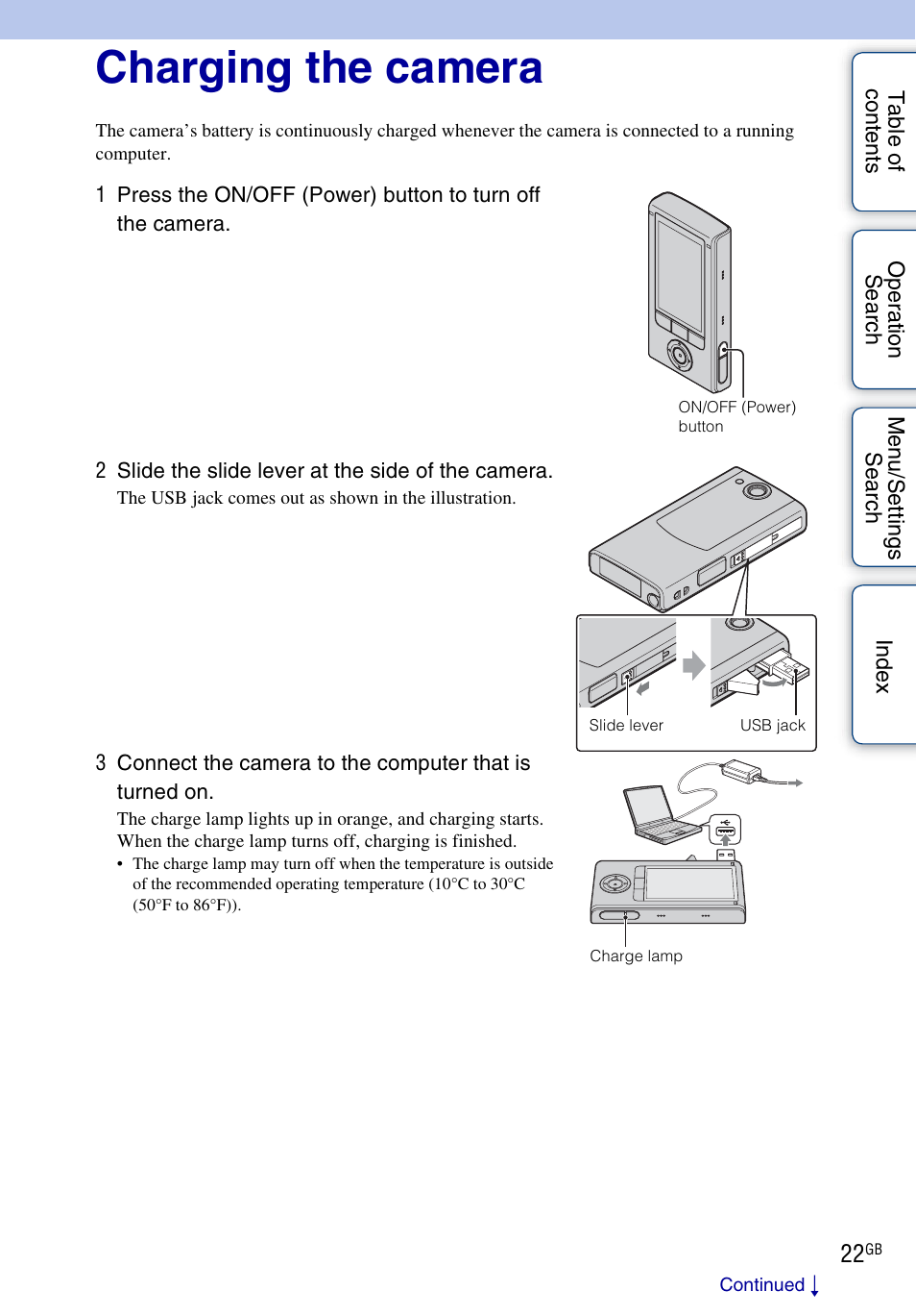 Charging the camera | Sony bloggie MHS-FS2K User Manual | Page 22 / 80