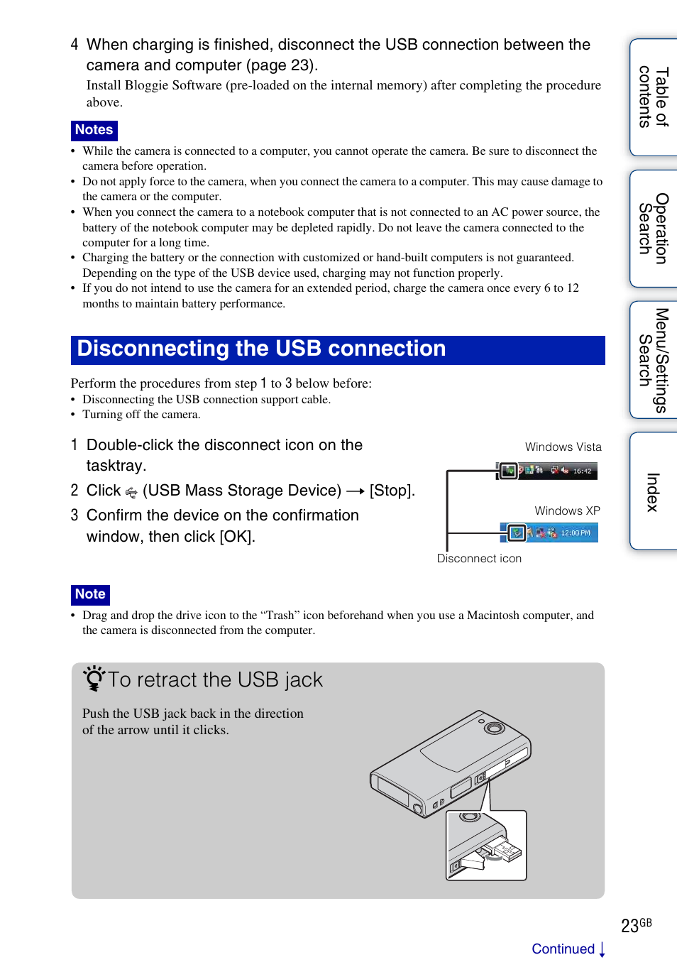 Disconnecting the usb connection | Sony bloggie MHS-FS2K User Manual | Page 23 / 80