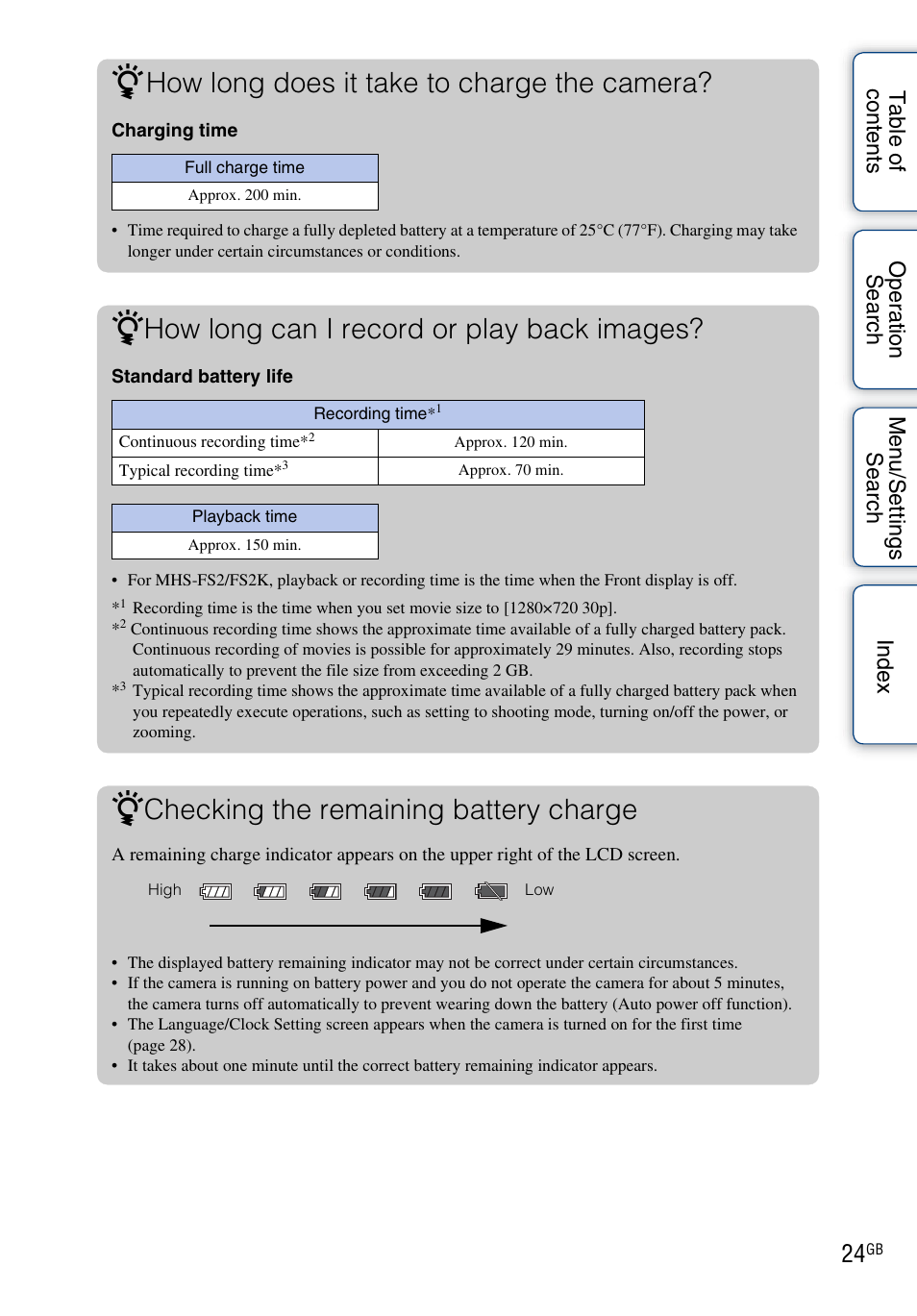 How long does it take to charge the camera, How long can i record or play back images, Checking the remaining battery charge | Sony bloggie MHS-FS2K User Manual | Page 24 / 80