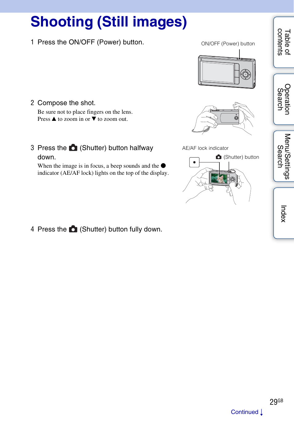 Shooting (still images) | Sony bloggie MHS-FS2K User Manual | Page 29 / 80