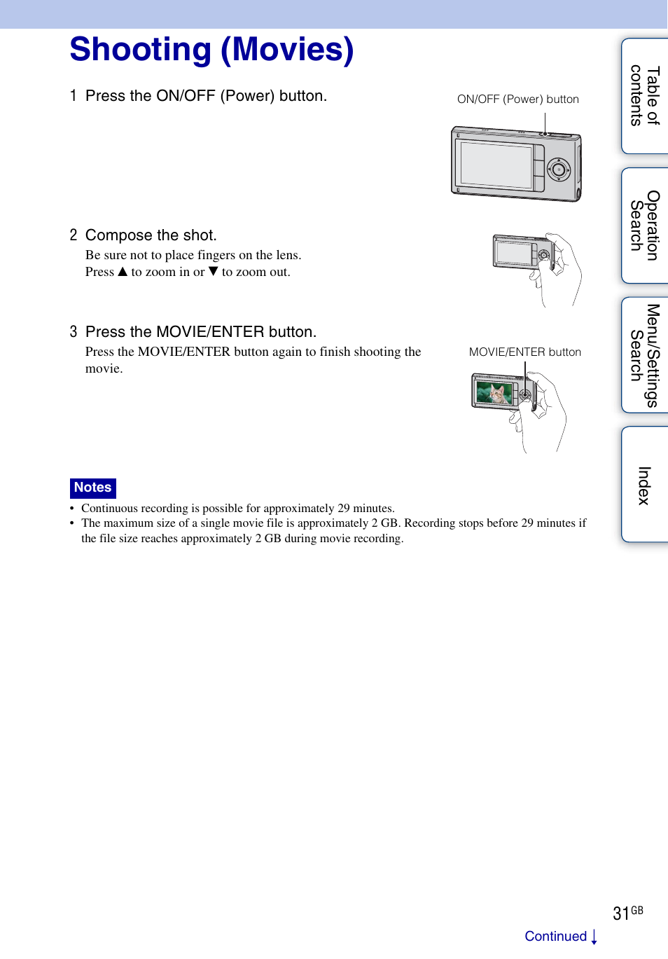 Shooting (movies) | Sony bloggie MHS-FS2K User Manual | Page 31 / 80