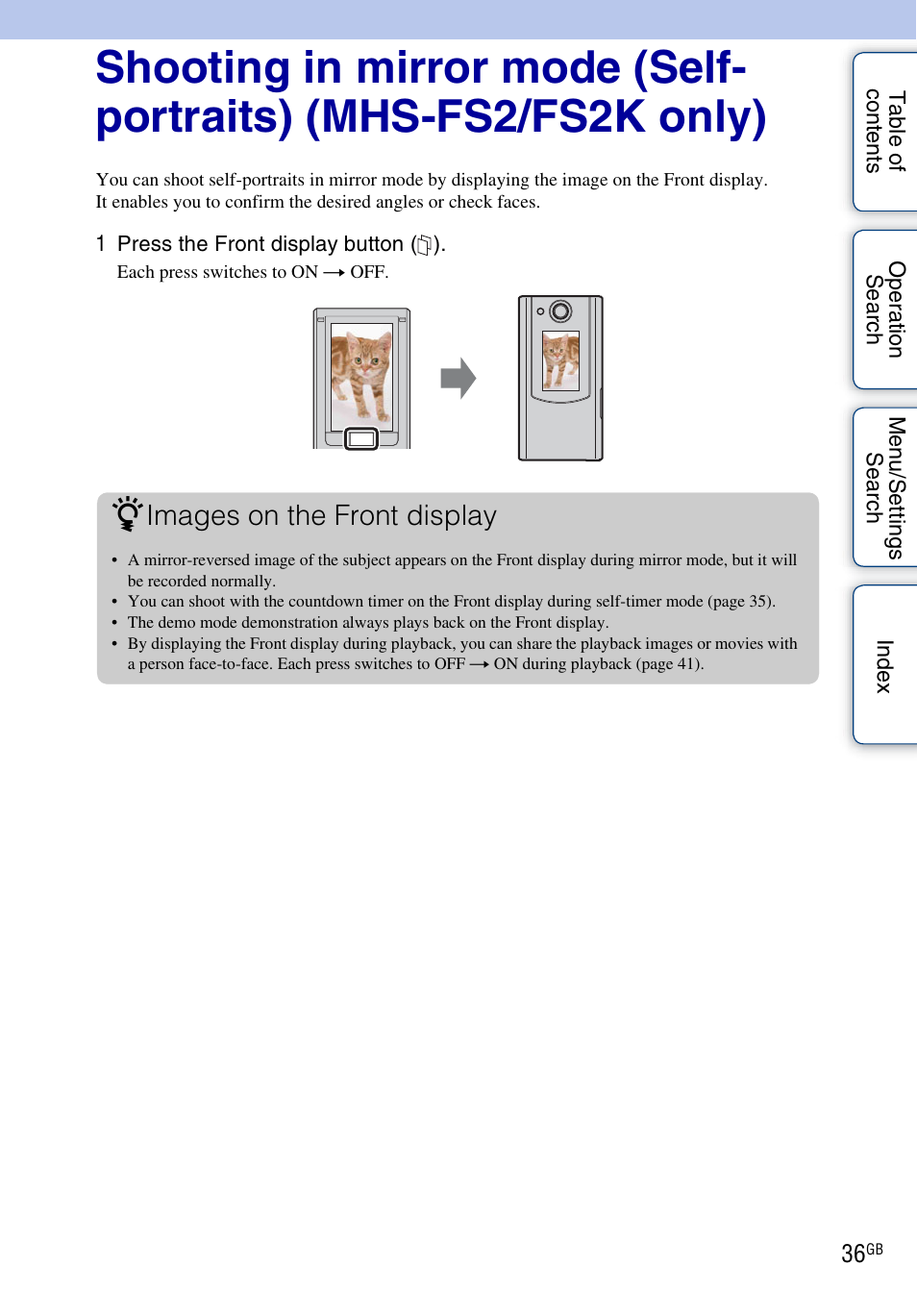 Images on the front display | Sony bloggie MHS-FS2K User Manual | Page 36 / 80