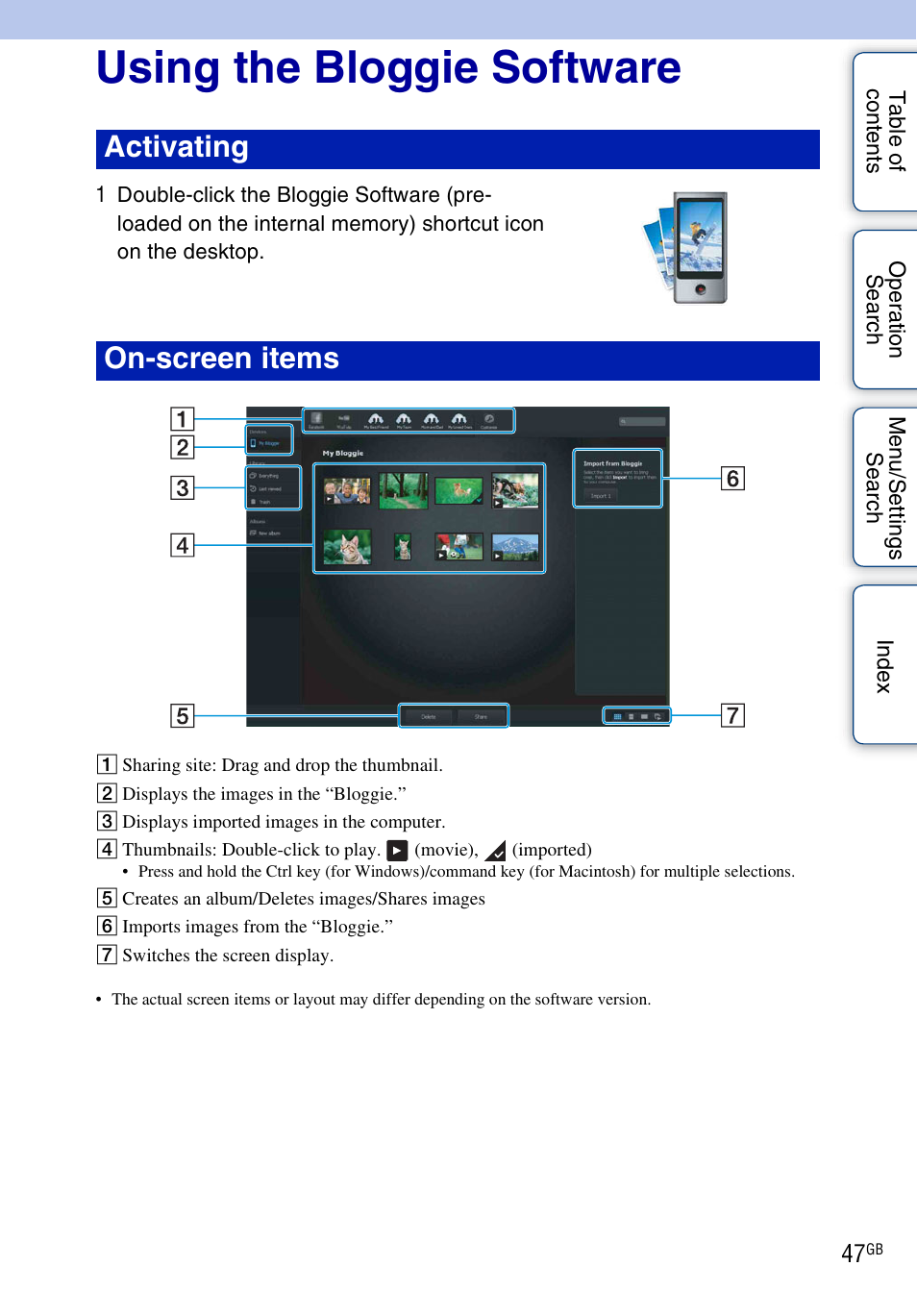 Using the bloggie software, Activating on-screen items | Sony bloggie MHS-FS2K User Manual | Page 47 / 80