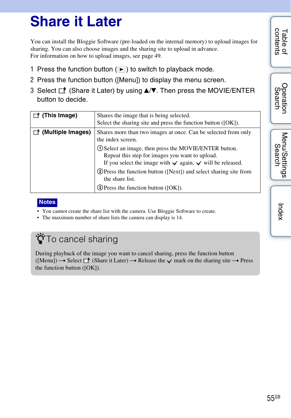 Share it later | Sony bloggie MHS-FS2K User Manual | Page 55 / 80