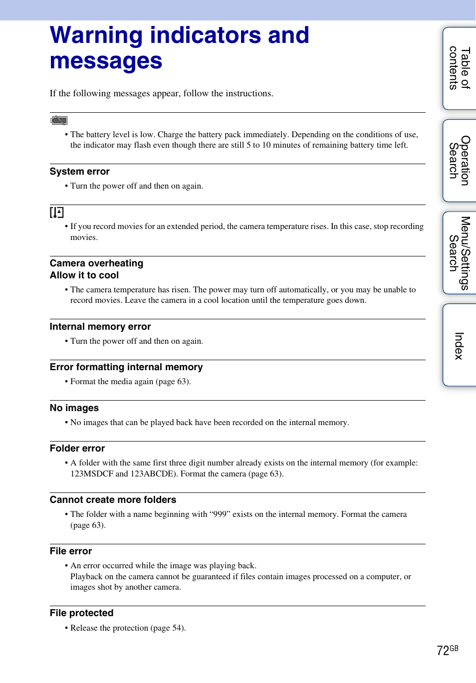 Warning indicators and messages | Sony bloggie MHS-FS2K User Manual | Page 72 / 80