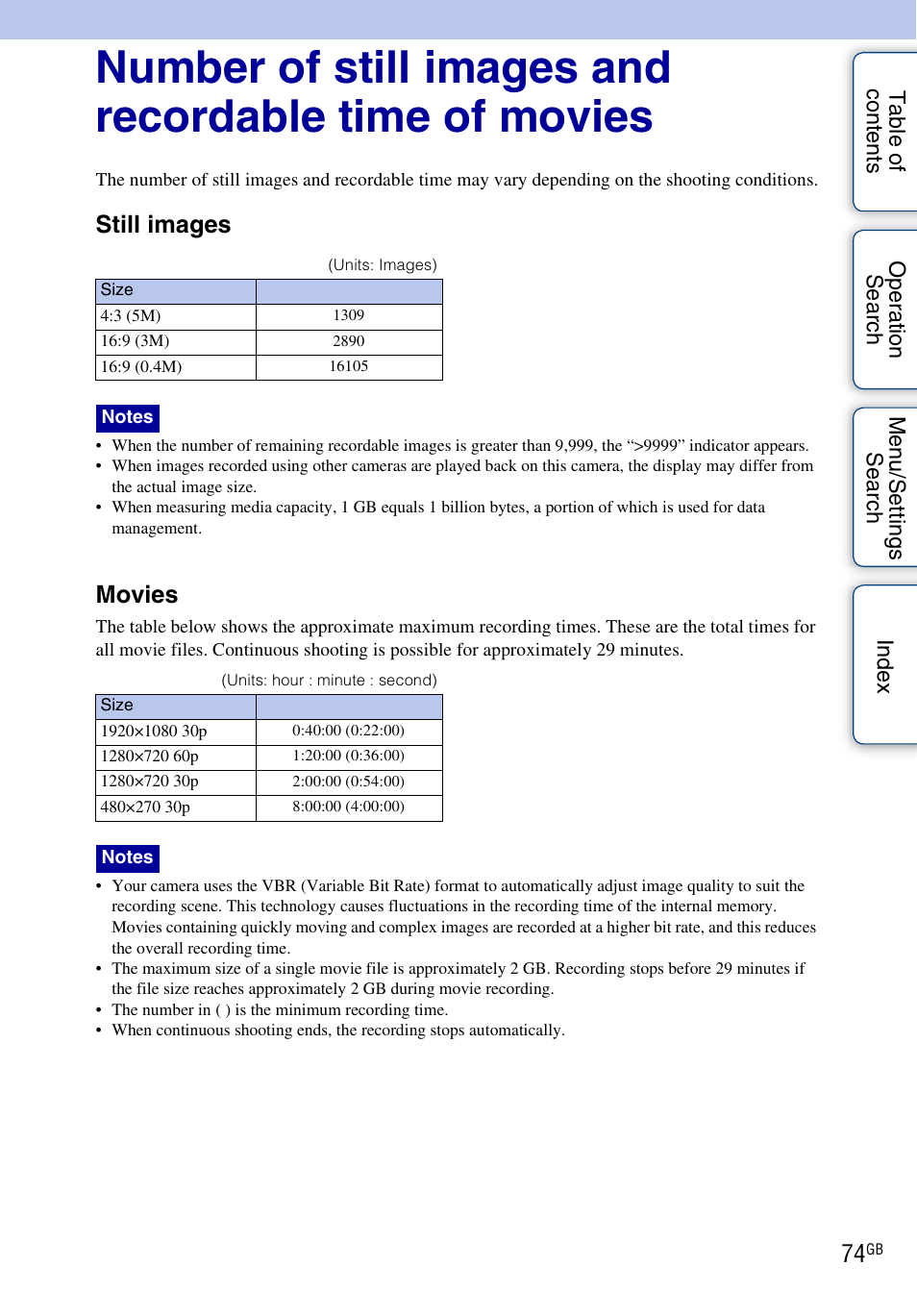 Still images, Movies | Sony bloggie MHS-FS2K User Manual | Page 74 / 80