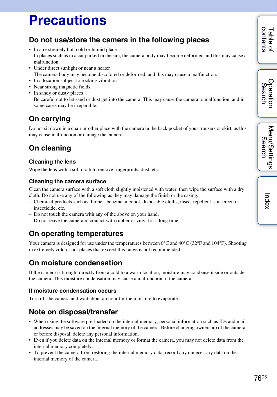 Precautions, On carrying, On cleaning | On operating temperatures, On moisture condensation | Sony bloggie MHS-FS2K User Manual | Page 76 / 80