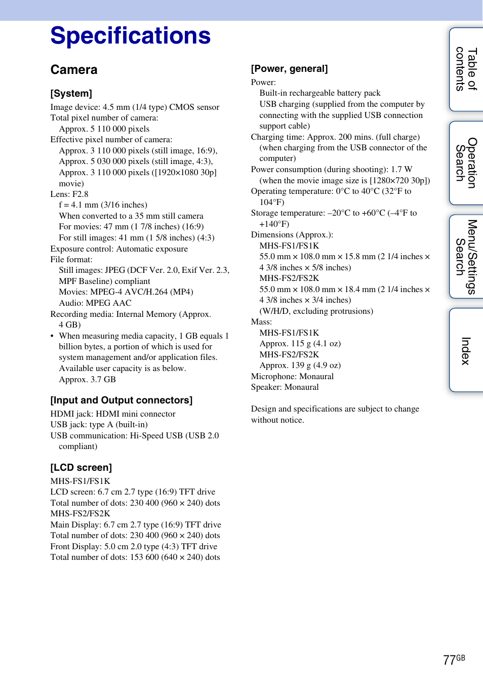 Specifications, Camera | Sony bloggie MHS-FS2K User Manual | Page 77 / 80