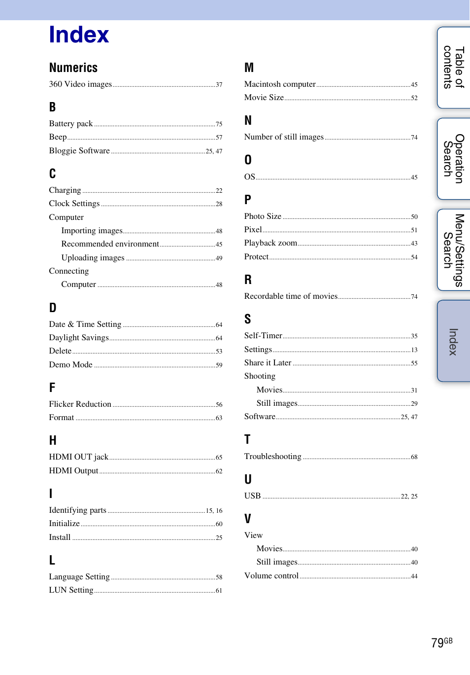 Index, Numerics | Sony bloggie MHS-FS2K User Manual | Page 79 / 80