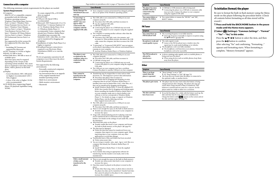 Fm tuner, Other, Connection with a computer | Sony NWZ-E436FRED User Manual | Page 2 / 2