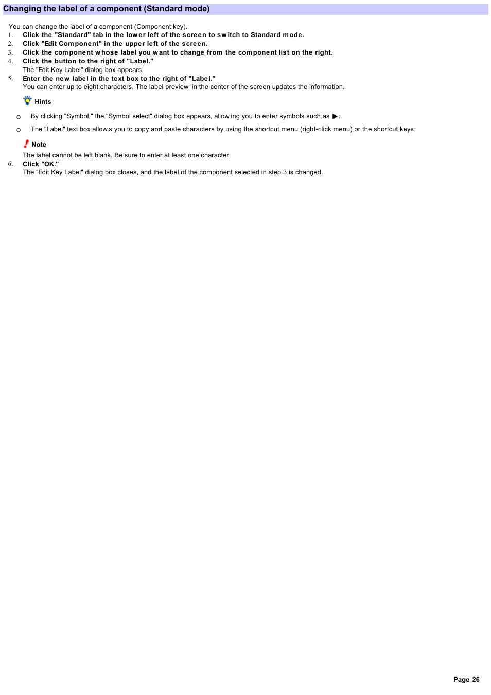 Changing the label of a component, Changing the label of a component (standard mode) | Sony RM-AX4000 User Manual | Page 26 / 118