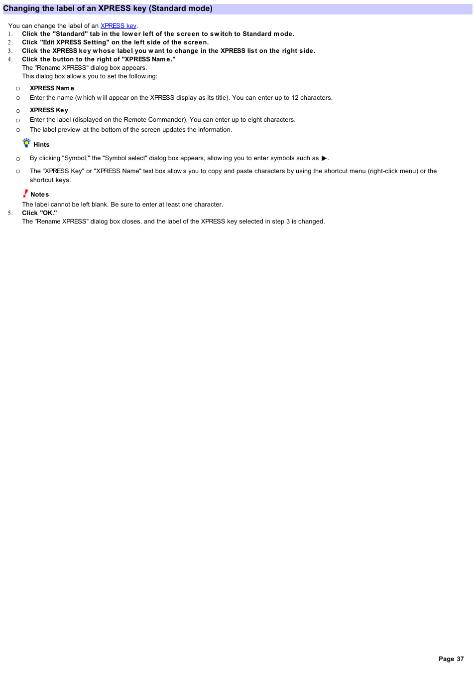 Changing the label of an xpress key | Sony RM-AX4000 User Manual | Page 37 / 118