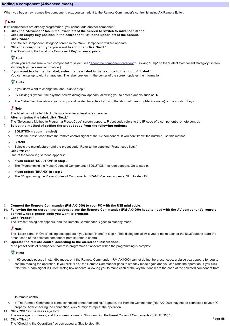 Adding a component | Sony RM-AX4000 User Manual | Page 58 / 118