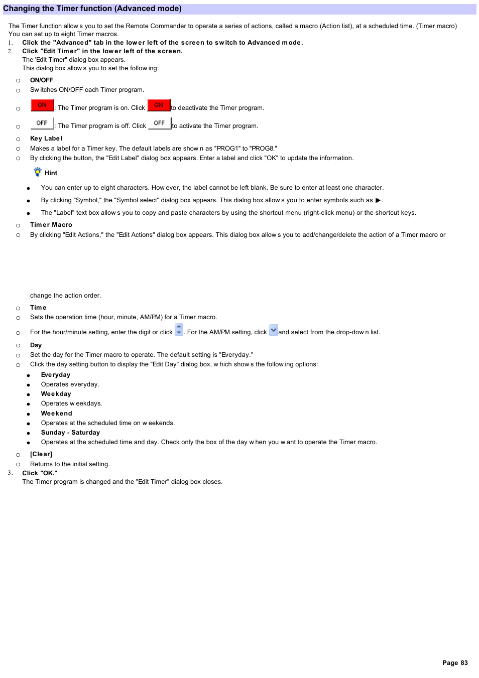 Changing the timer function, Changing the timer function (advanced mode) | Sony RM-AX4000 User Manual | Page 83 / 118