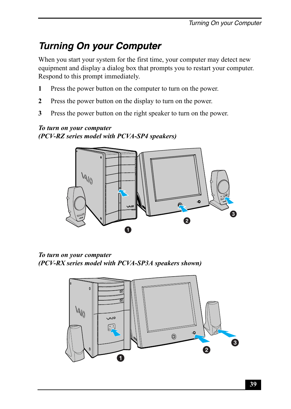 Turning on your computer on your computer | Sony PCV-RZ20CP User Manual | Page 39 / 64