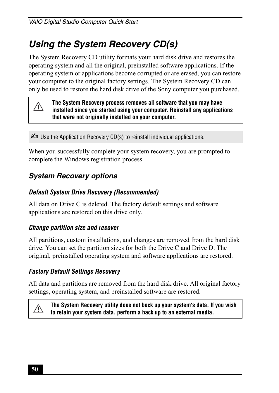 Using the system recovery cd(s) | Sony PCV-RZ20CP User Manual | Page 50 / 64