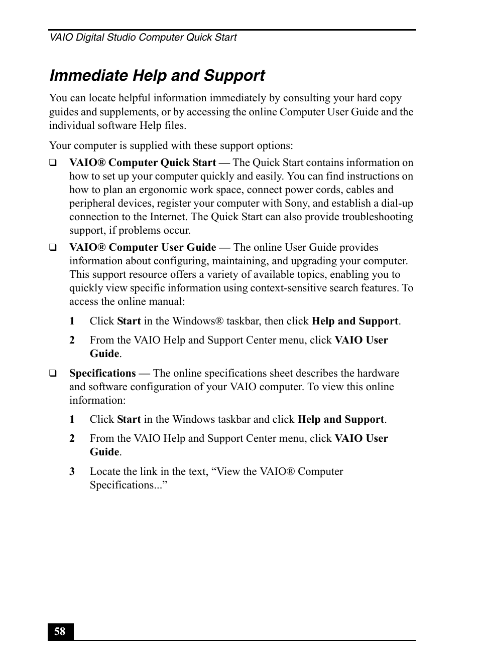 Immediate help and support | Sony PCV-RZ20CP User Manual | Page 58 / 64