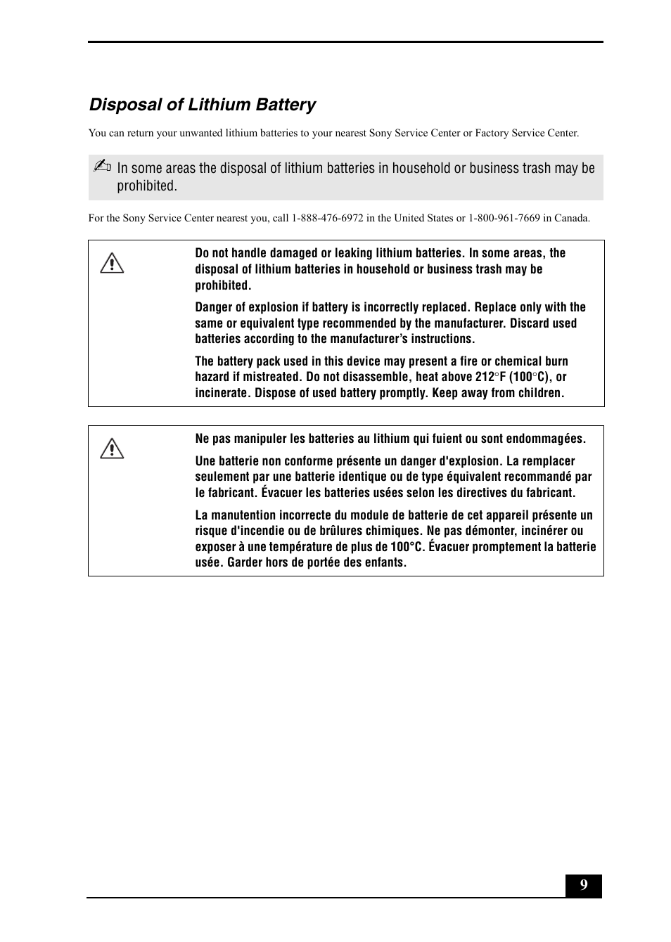 Disposal of lithium battery | Sony PCV-RZ20CP User Manual | Page 9 / 64
