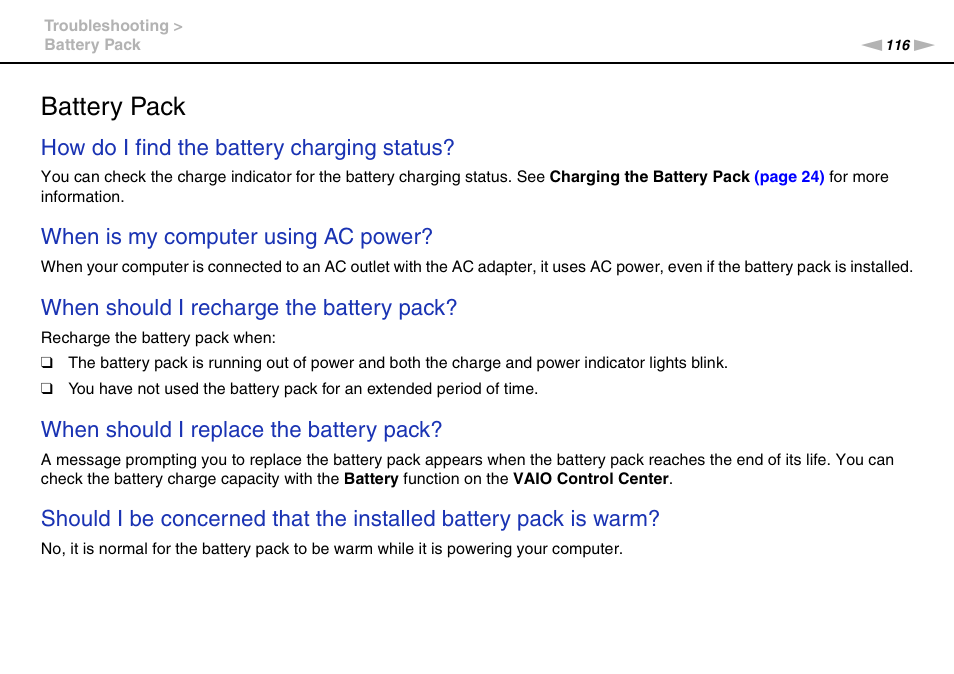 Battery pack, How do i find the battery charging status, When is my computer using ac power | When should i recharge the battery pack, When should i replace the battery pack | Sony VPCX131KX User Manual | Page 116 / 145