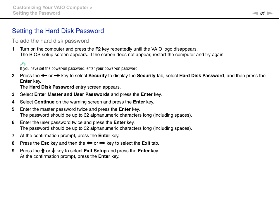 Setting the hard disk password | Sony VPCX131KX User Manual | Page 81 / 145