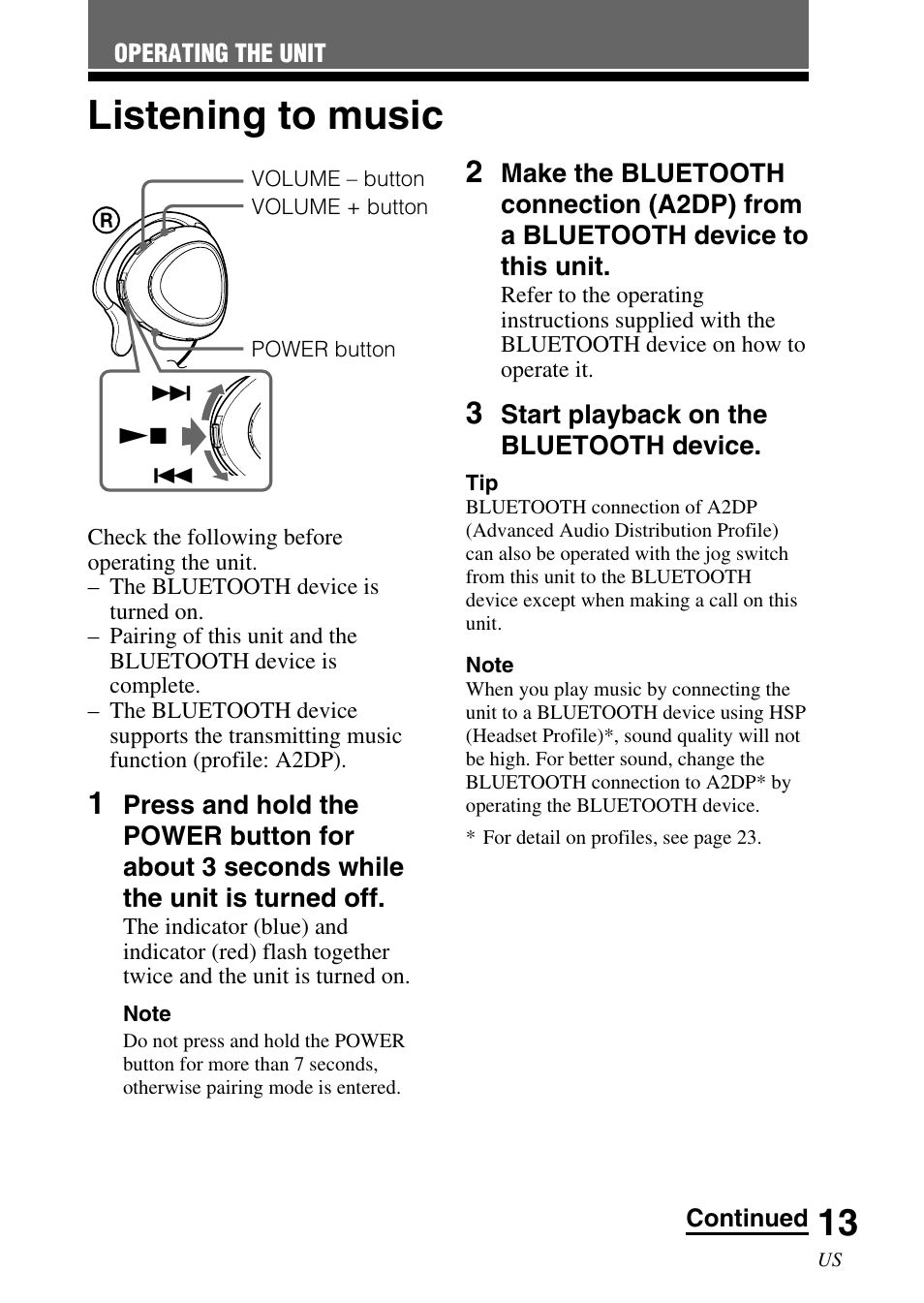 Operating the unit, Listening to music | Sony DR-BT30Q User Manual | Page 13 / 56