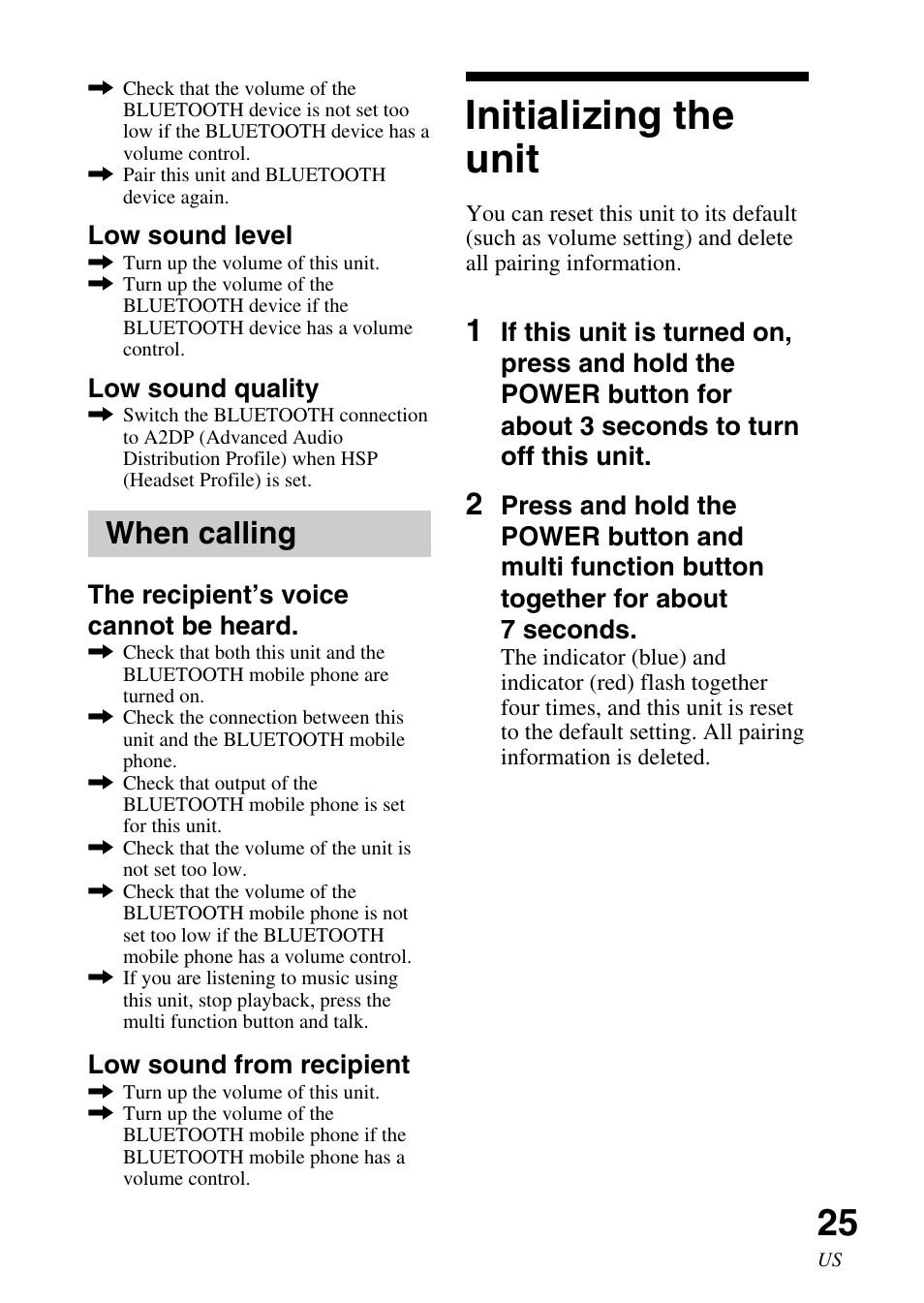 Initializing the unit, When calling | Sony DR-BT30Q User Manual | Page 25 / 56