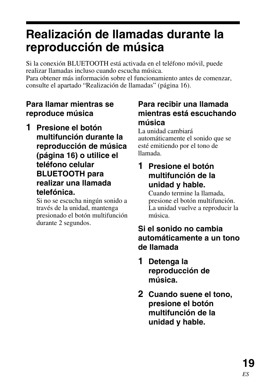 Realización de llamadas, Durante la reproducción de música | Sony DR-BT30Q User Manual | Page 45 / 56
