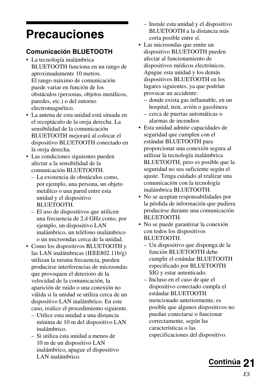 Precauciones, Continúa | Sony DR-BT30Q User Manual | Page 47 / 56