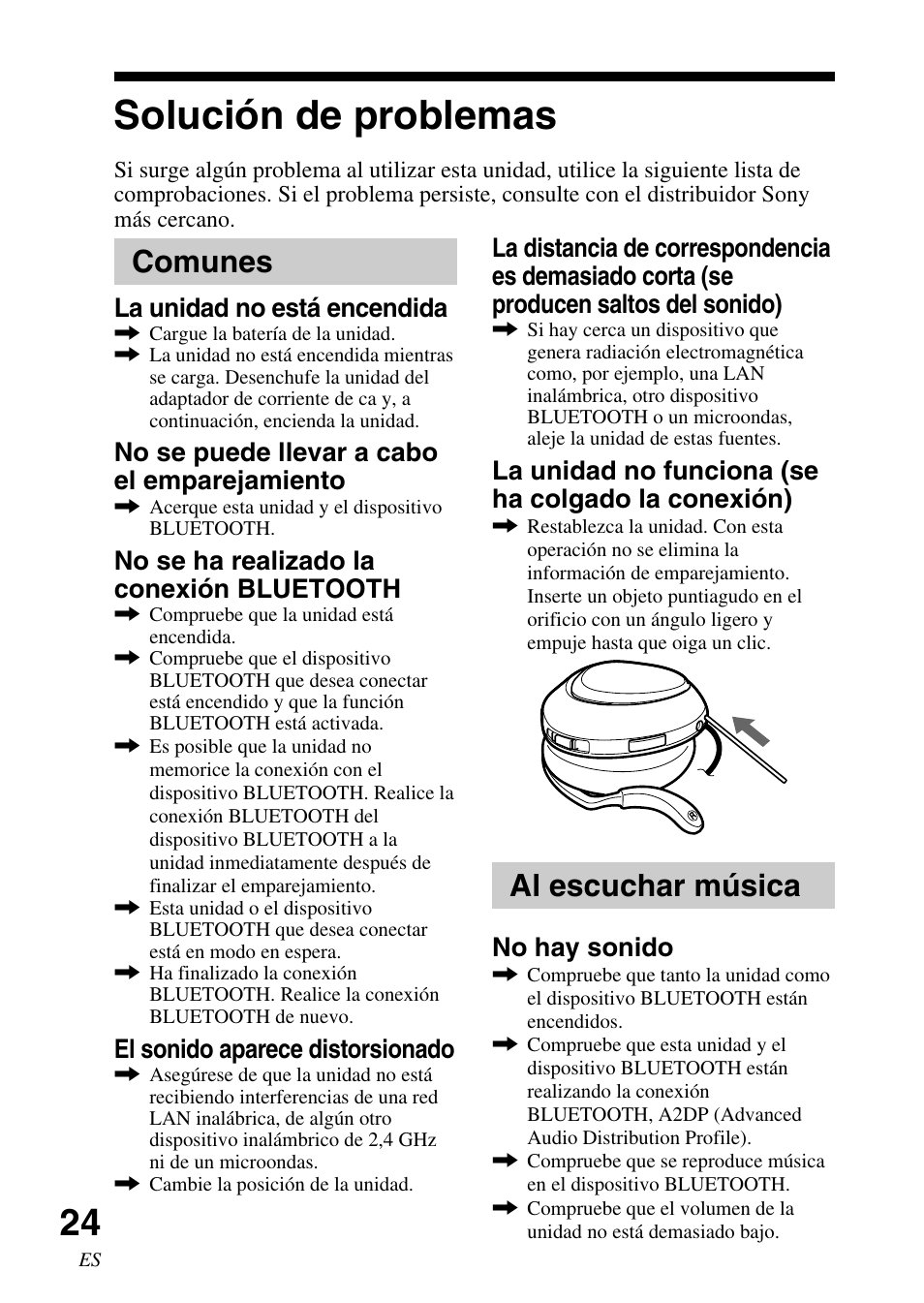 Solución de problemas, Comunes, Al escuchar música | La unidad no está encendida, No se puede llevar a cabo el emparejamiento, No se ha realizado la conexión bluetooth, El sonido aparece distorsionado, La unidad no funciona (se ha colgado la conexión), No hay sonido | Sony DR-BT30Q User Manual | Page 50 / 56
