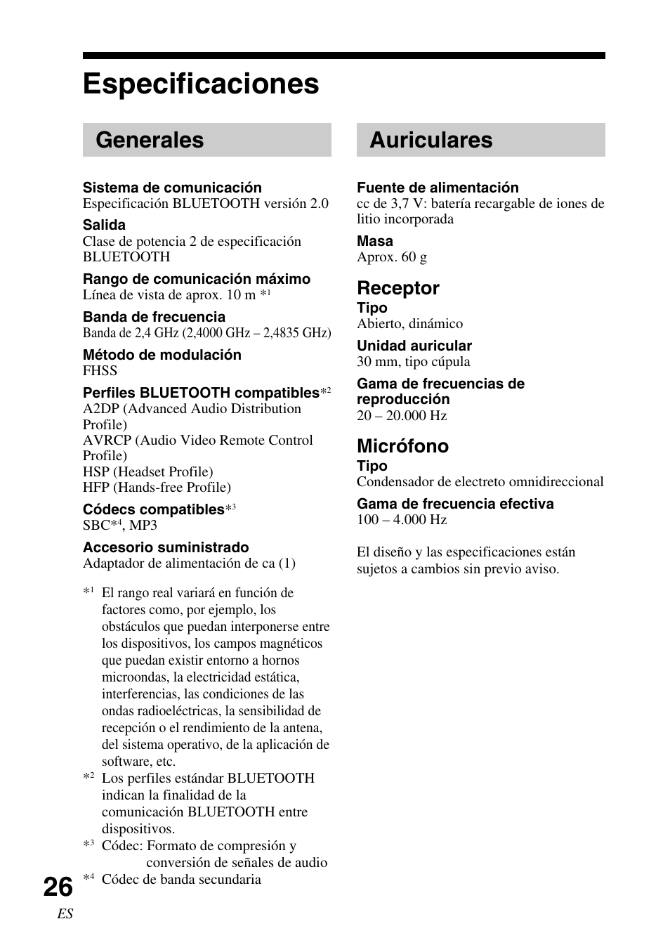 Especificaciones, Generales, Auriculares | Receptor, Micrófono | Sony DR-BT30Q User Manual | Page 52 / 56