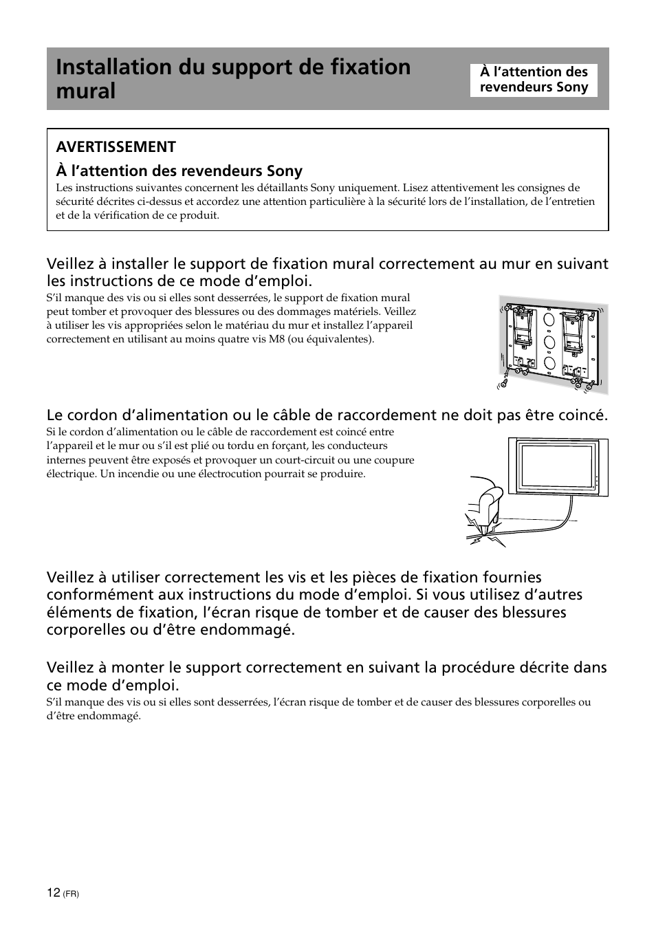 Installation du support de fixation mural | Sony KDE-50XBR950 User Manual | Page 12 / 44