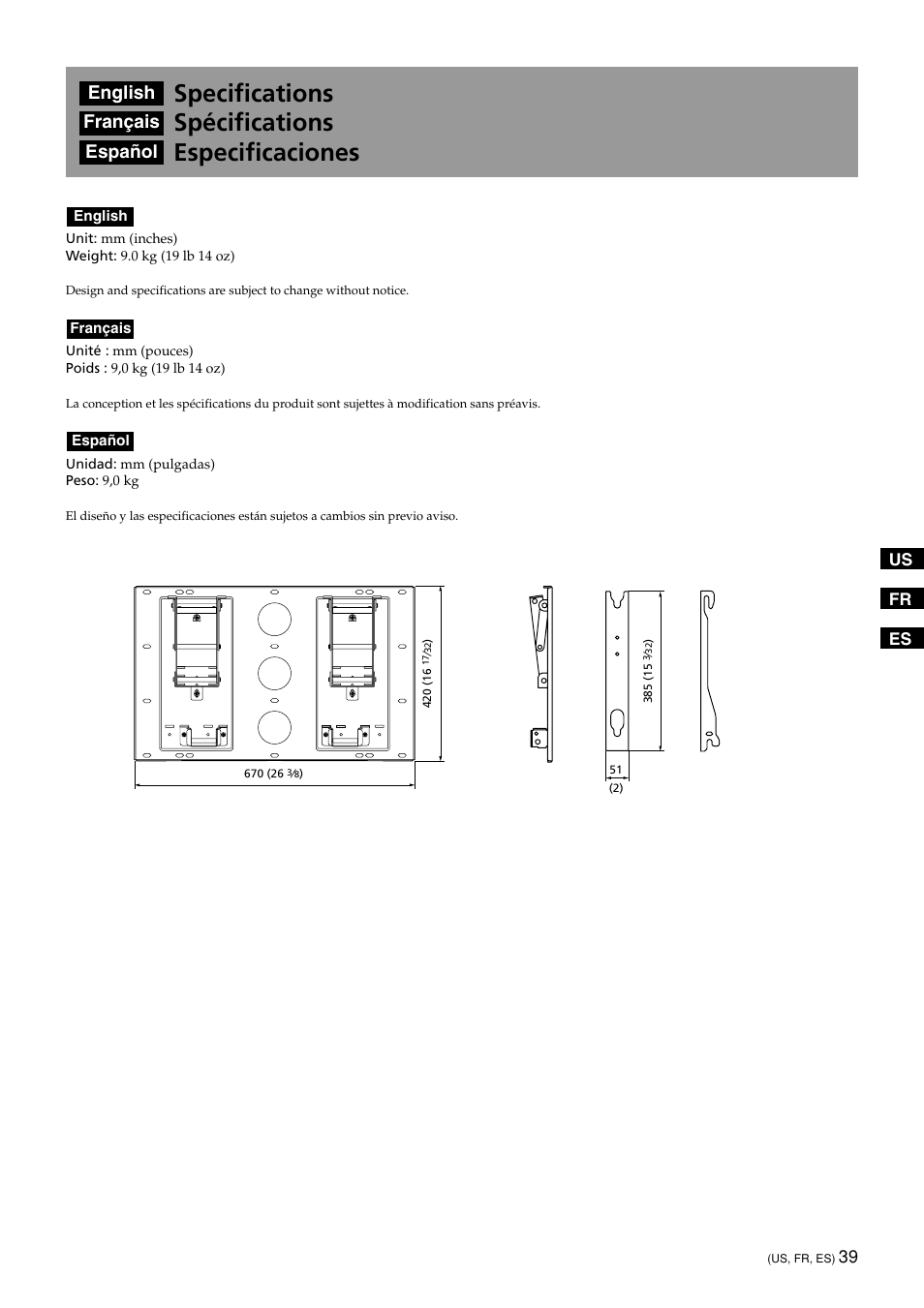 Specifications(us/fr/es), Specifications, Spécifications | Especificaciones, English, Français, Español | Sony KDE-50XBR950 User Manual | Page 39 / 44