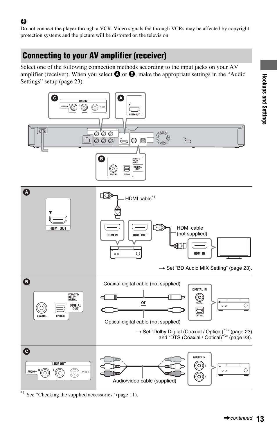 Connecting to your av amplifier (receiver) | Sony BDP-BX57 User Manual | Page 13 / 39