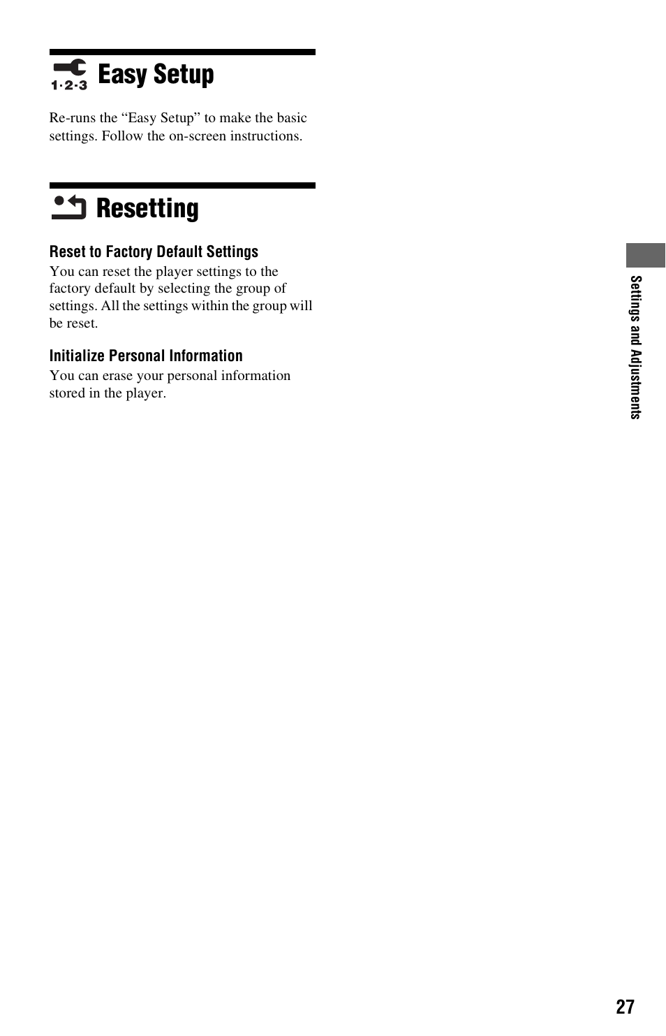 Easy setup, Resetting, Easy setup resetting | Sony BDP-BX57 User Manual | Page 27 / 39