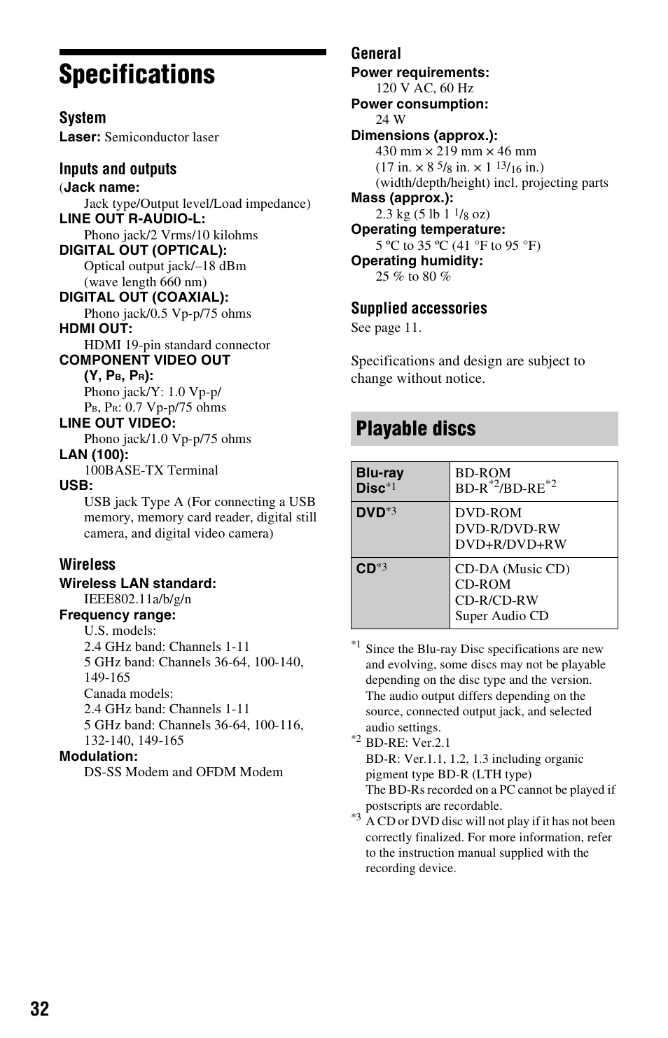 Specifications, Playable discs | Sony BDP-BX57 User Manual | Page 32 / 39