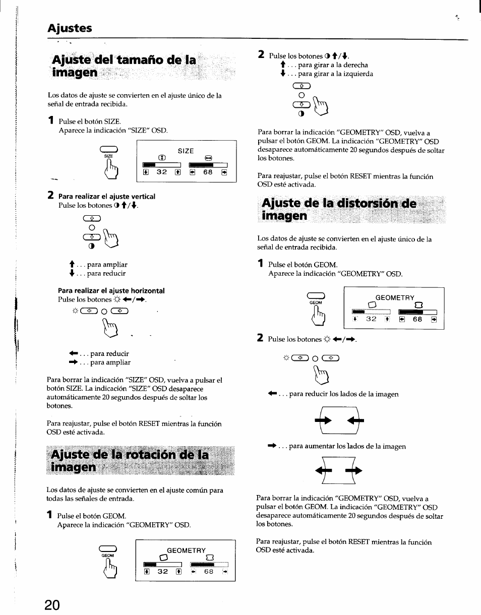 Ajustes, Ajuste del tamaño de la imagen, Ajuste de la rotación de la imagen | Ajuste de ia distorsión de imagen, Ajustes ajuste del tamaño de la imagen | Sony CPD-100SF User Manual | Page 20 / 30