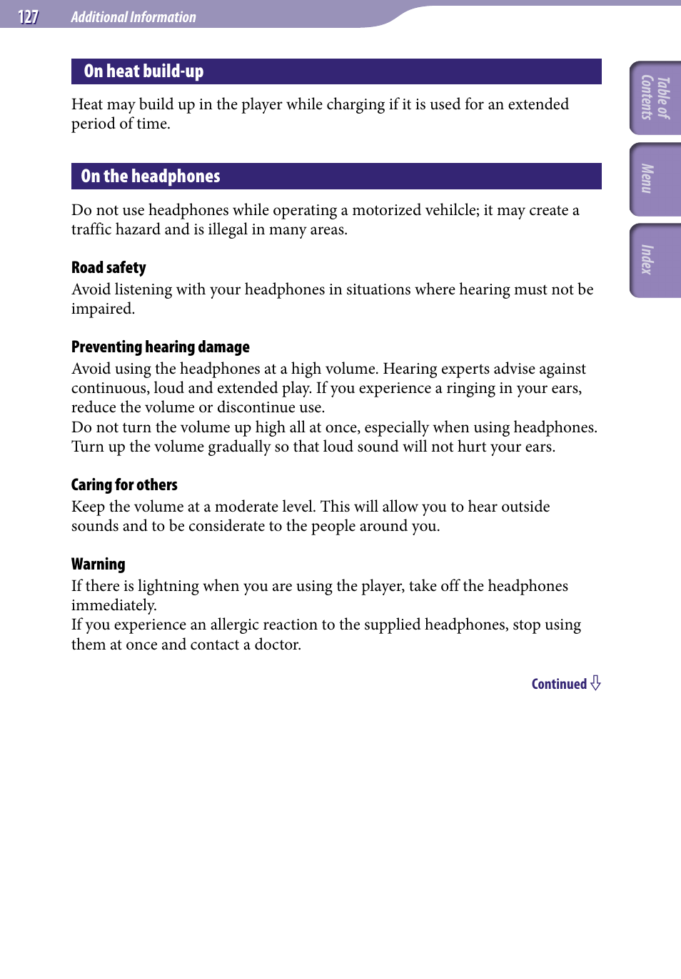 On heat build-up, On the headphones | Sony NWZ-S716FSNC User Manual | Page 127 / 140