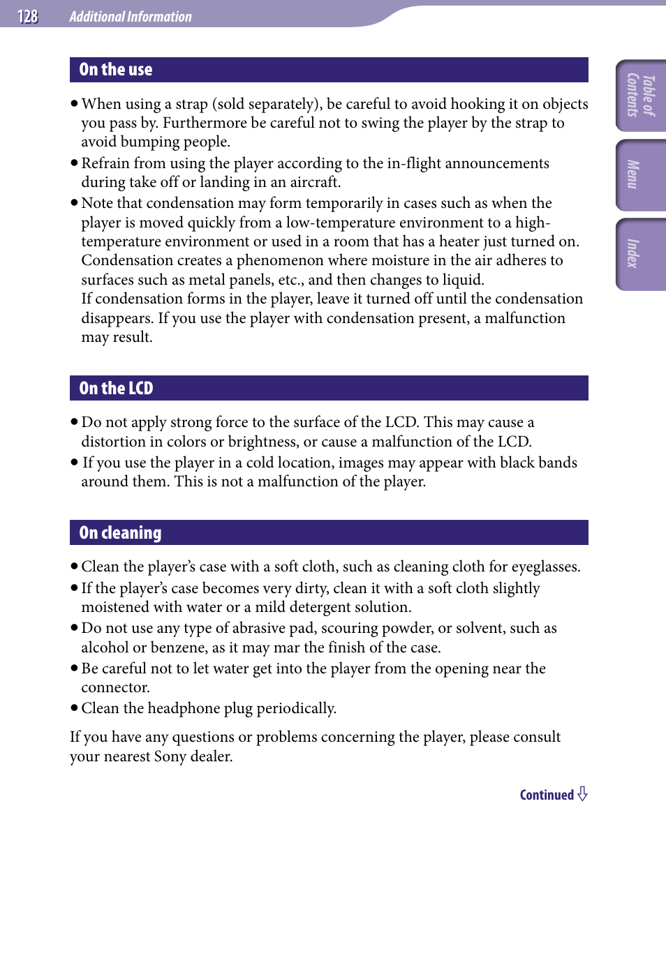 On the use, On the lcd, On cleaning | Sony NWZ-S716FSNC User Manual | Page 128 / 140