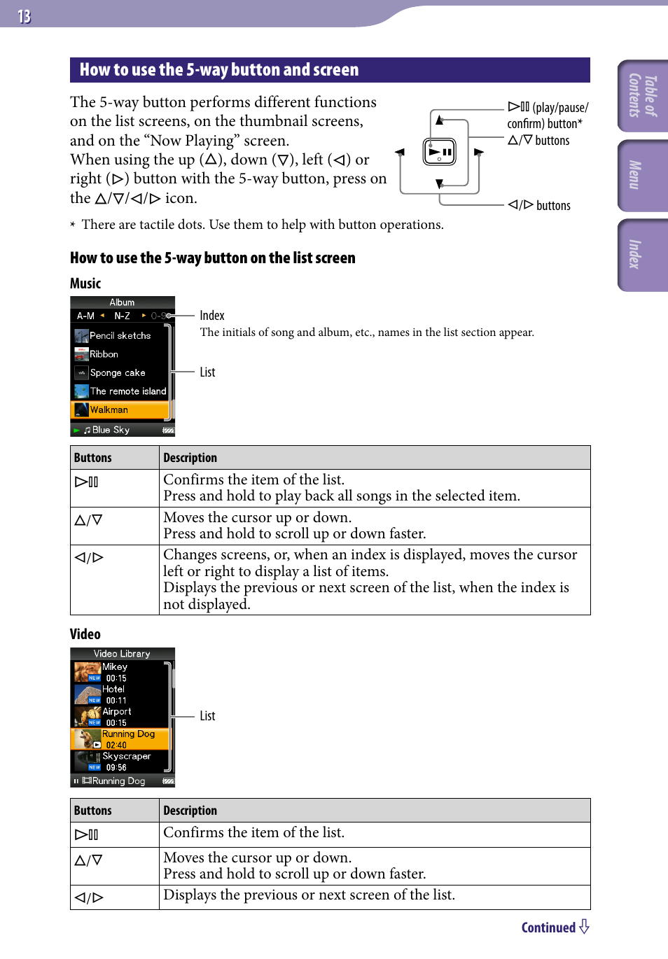 How to use the 5-way button and screen | Sony NWZ-S716FSNC User Manual | Page 13 / 140